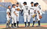 NIIGATA, JAPAN - JULY 12: Starting pitcher Chihaya Sasaki of Japan on the mound as infielders gather around in the top half of the second inning during the day 1 match between Japan and USA during the 40th USA-Japan International Collegiate Series at the HARDOFFECO Stadium Niigata on July 12, 2016 in Niigata, Japan. (Photo by Atsushi Tomura - SAMURAI JAPAN/SAMURAI JAPAN via Getty Images)